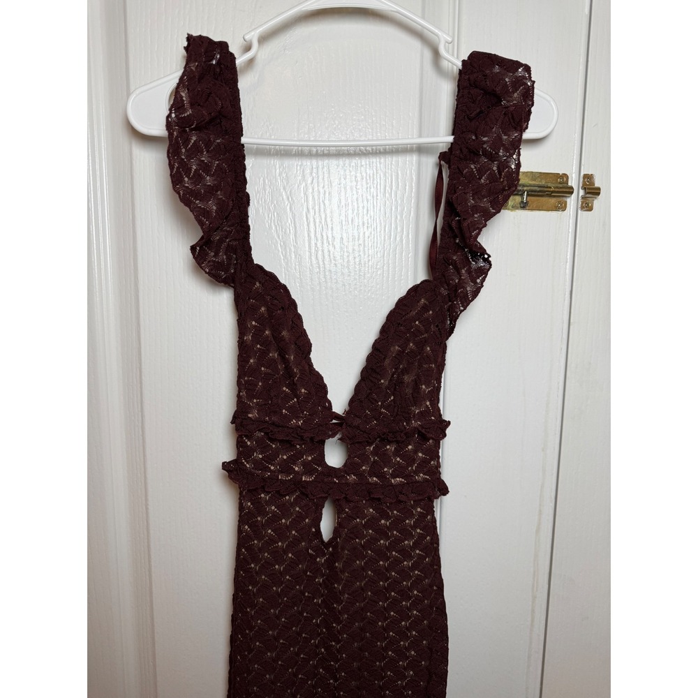 MESHKI Ezra Lace Maxi Dress XXS Open Back Ruffle Sleeve Mermaid Gown Wine - Picture 4 of 8
